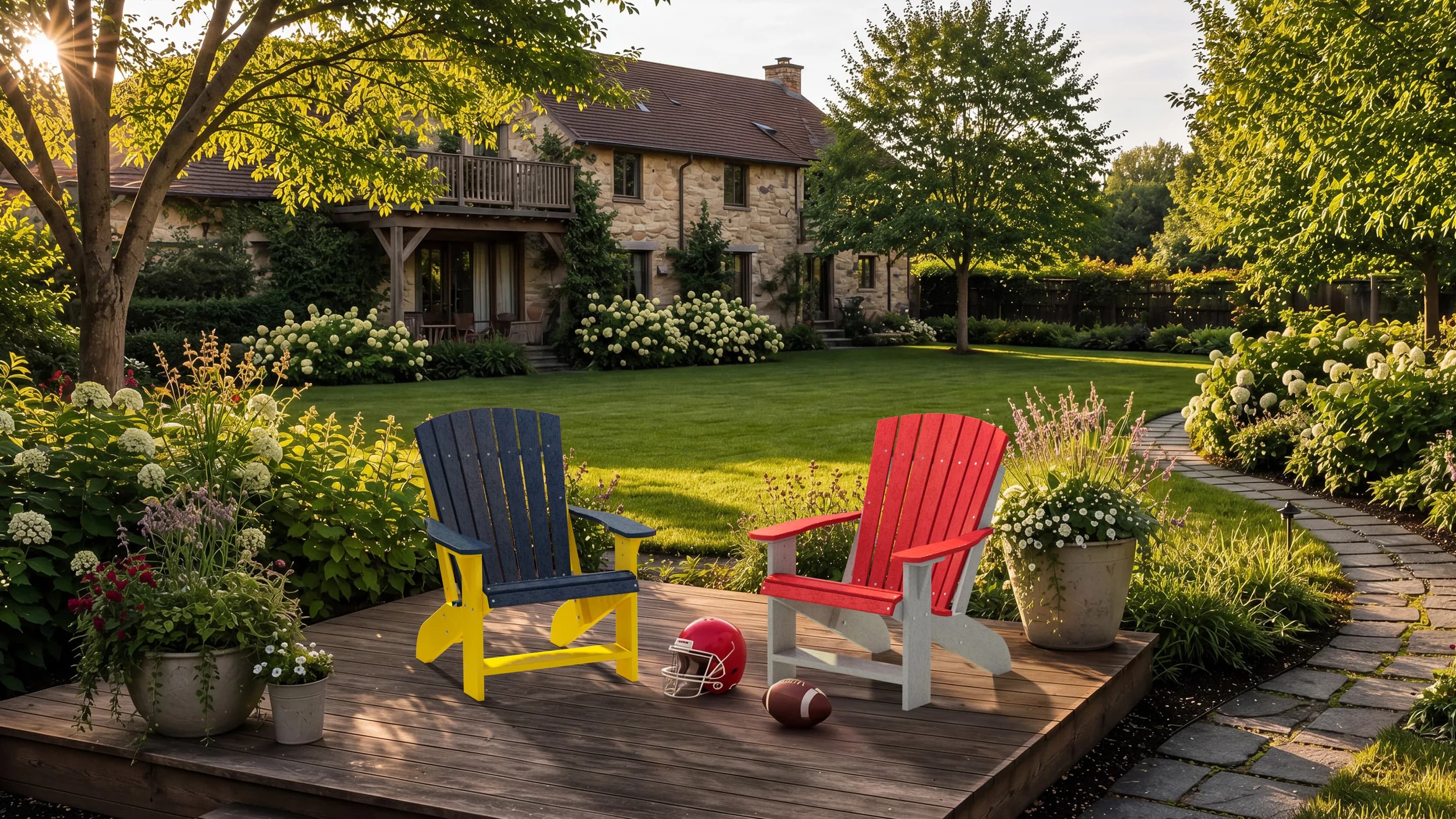 Navy-and-yellow and red-and-white Wildridge poly Adirondack chairs on a backyard deck at golden hour, with a football and helmet resting between them